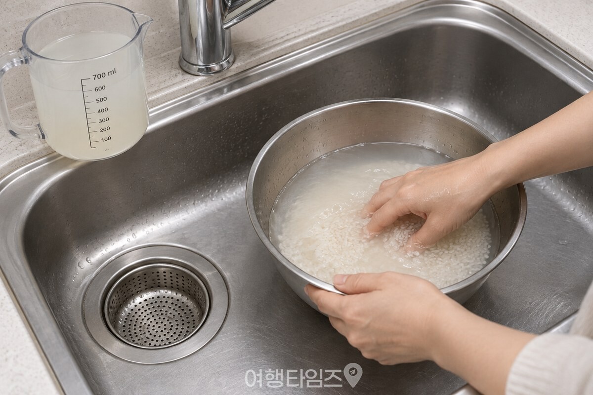 깨끗한 스테인리스 볼에서 쌀을 헹군 뒤 세 번째 쌀뜨물을 따로 받고 있다. / 기사 이해를 돕기 위한 생성형 이미지