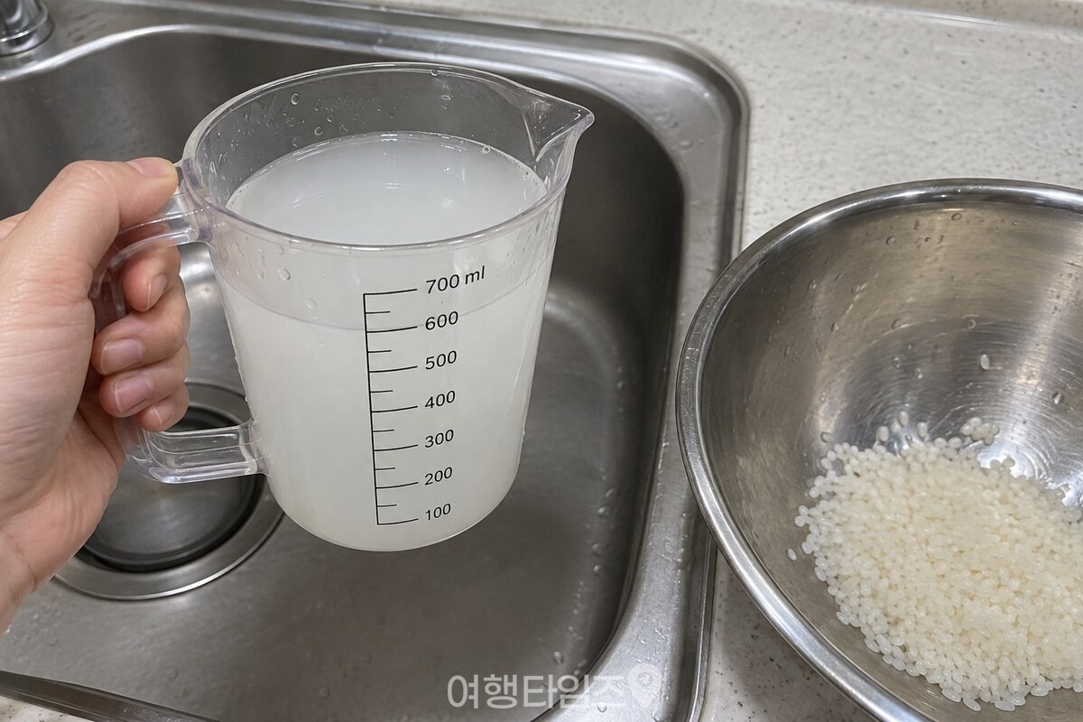 투명한 계량컵에 받은 세 번째 쌀뜨물이 뽀얗게 보인다. / 기사 이해를 돕기 위한 생성형 이미지