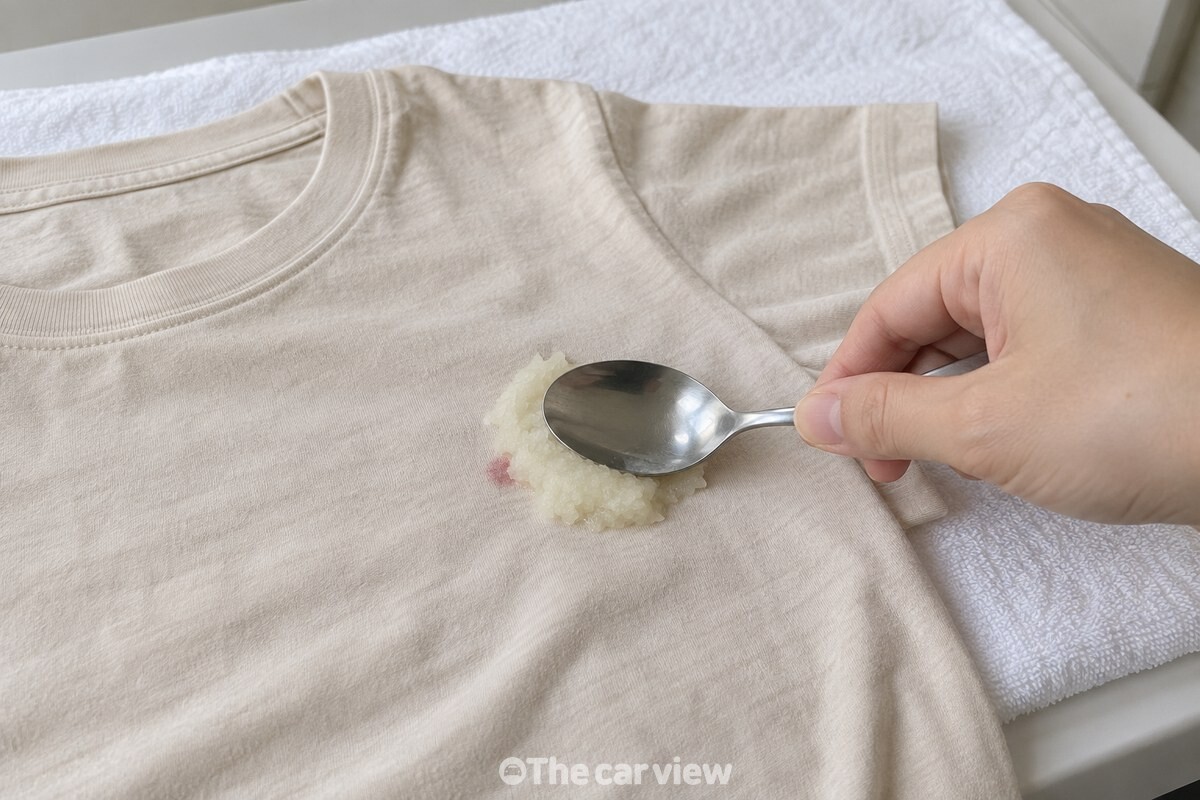 수건 위에 펼친 밝은색 티셔츠의 작은 얼룩에 간 양파를 올리는 모습. / 기사 이해를 돕기 위한 생성형 이미지