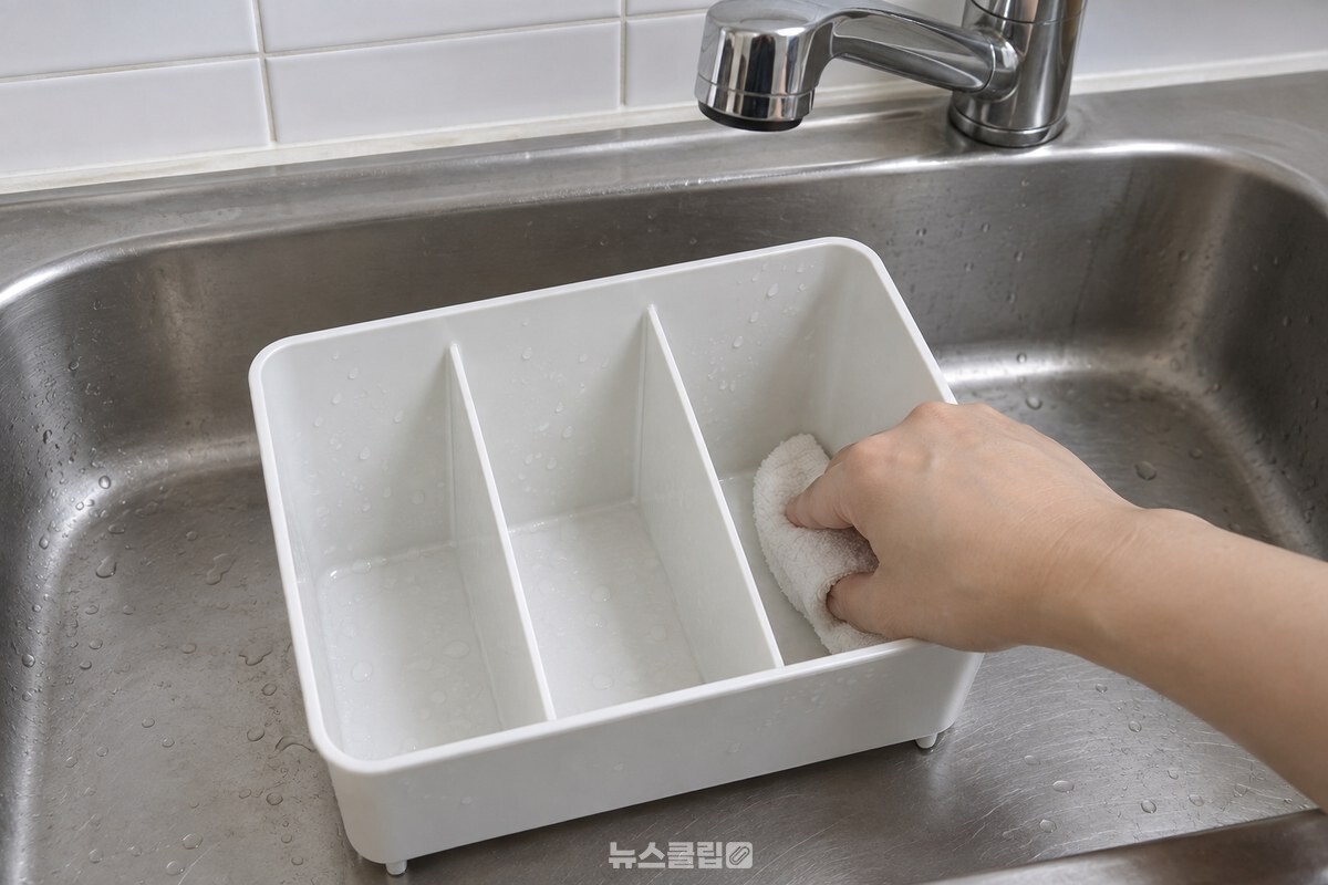 비운 수저통 안쪽을 따뜻한 물로 헹군 뒤 마른행주로 바닥 모서리를 닦고 있다. / 기사 이해를 돕기 위한 생성형 이미지