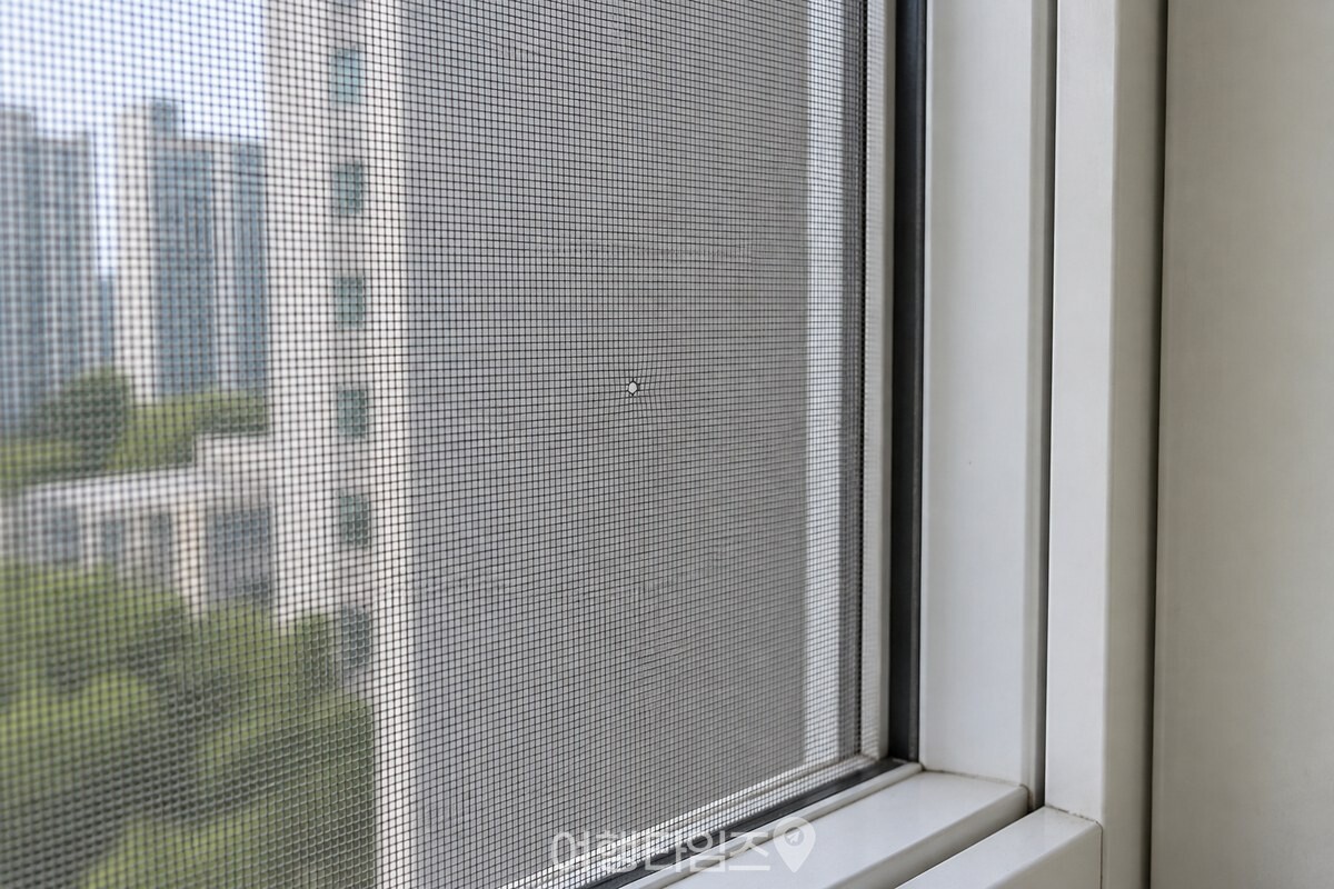 창가의 방충망 가운데에 난 바늘구멍 크기의 작은 구멍을 가까이에서 본 모습. / 기사 이해를 돕기 위한 생성형 이미지