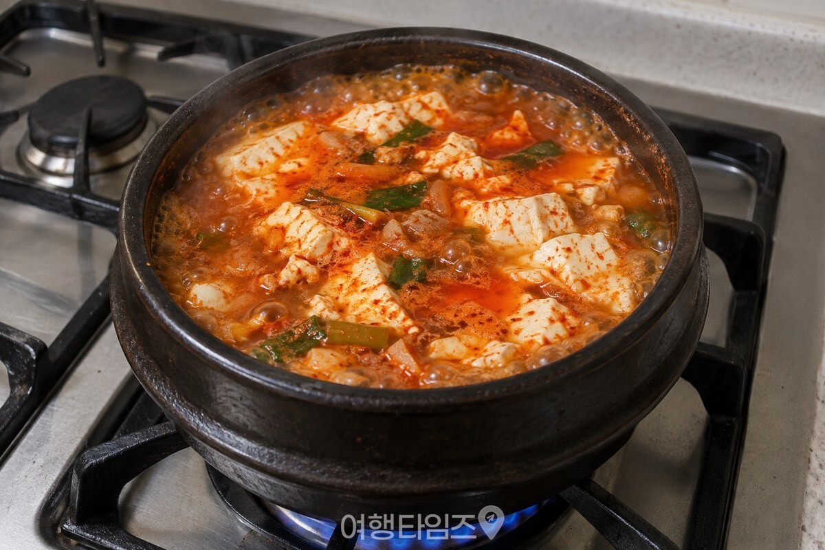 붉은 국물 안에서 큰 순두부 조각이 퍼져 있는 끓이는 중의 찌개. / 기사 이해를 돕기 위한 생성형 이미지