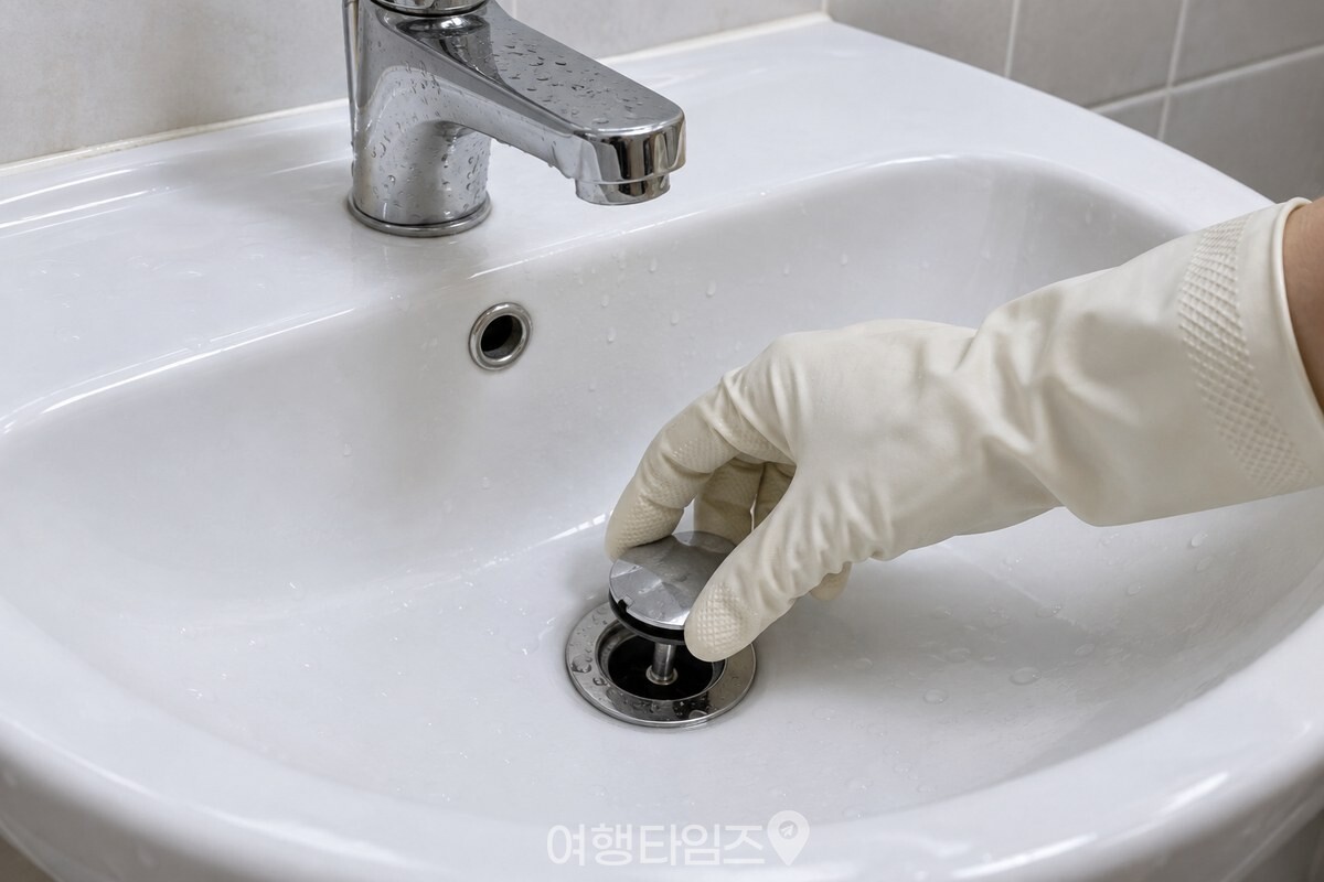 고무장갑을 낀 손이 팝업 마개를 잡고 반시계 방향으로 돌리는 모습. / 기사 이해를 돕기 위한 생성형 이미지