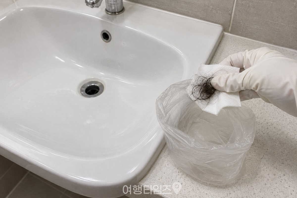 휴지로 집어 올린 머리카락을 세면대 옆 비닐봉지에 담는 모습. / 기사 이해를 돕기 위한 생성형 이미지