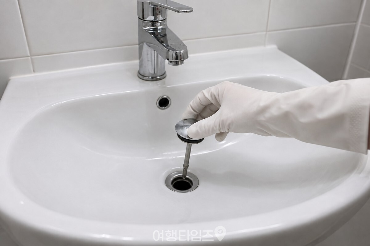 고무장갑을 낀 손이 세면대 팝업 마개를 위로 곧게 당기는 모습. / 기사 이해를 돕기 위한 생성형 이미지