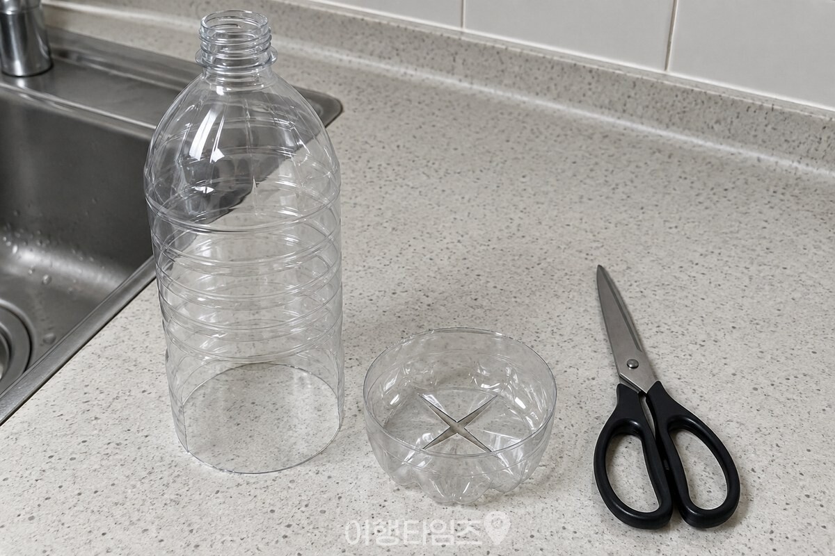 아래쪽을 자른 투명 페트병과 중앙에 십자 칼집을 낸 밑부분 조각, 가위를 주방 조리대에 나란히 둔 준비 모습. / 기사 이해를 돕기 위한 생성형 이미지