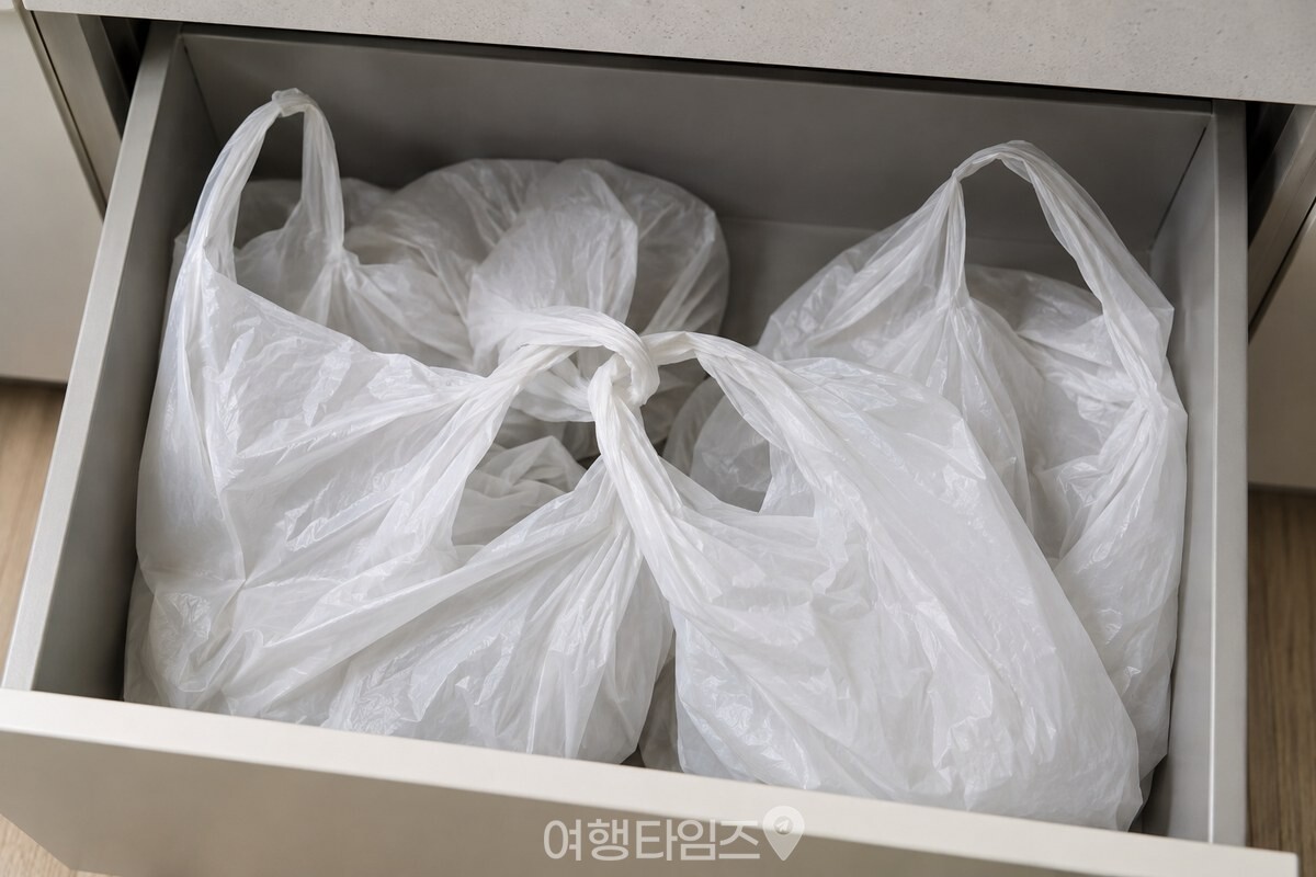 주방 서랍 안에서 여러 비닐봉지의 손잡이 고리가 서로 걸려 한 뭉치가 된 모습. / 기사 이해를 돕기 위한 생성형 이미지