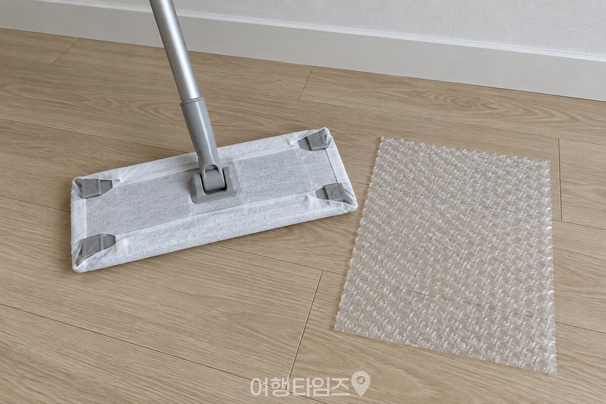 거실 바닥에서 청소포를 끼운 패드형 밀대와 잘라 둔 투명 뽁뽁이를 함께 보여 주는 모습. / 기사 이해를 돕기 위한 생성형 이미지