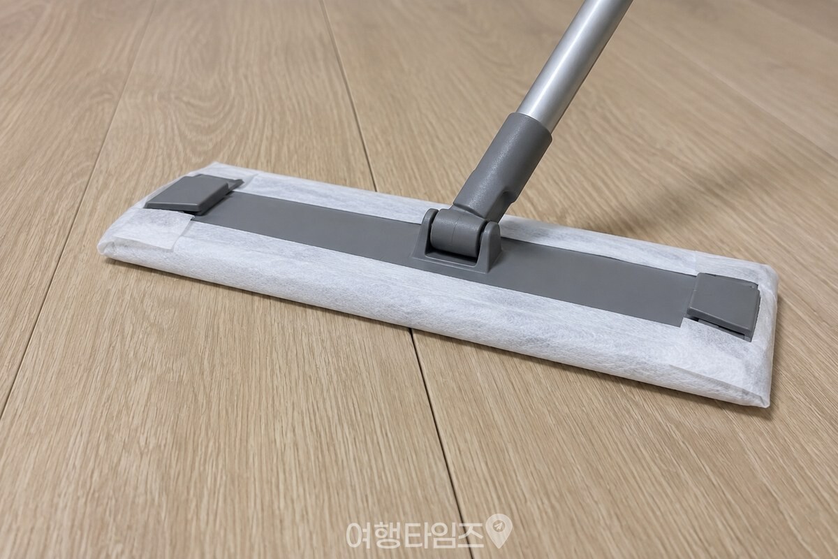 마루 널 사이의 얕은 홈 위에 놓인 단단한 밀대 패드와 청소포 바닥면. / 기사 이해를 돕기 위한 생성형 이미지
