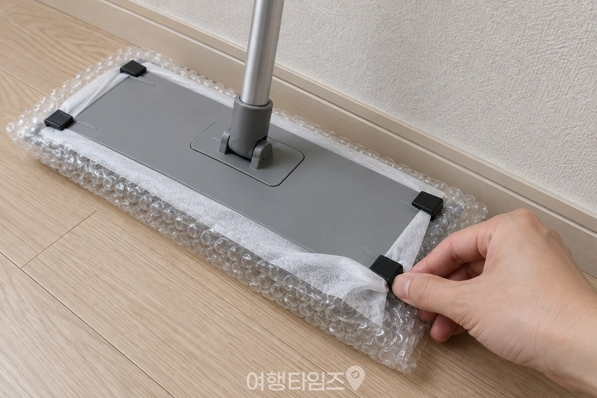 뽁뽁이 여유분과 청소포를 밀대 패드 윗면의 고정 집게에 함께 끼우는 모습. / 기사 이해를 돕기 위한 생성형 이미지