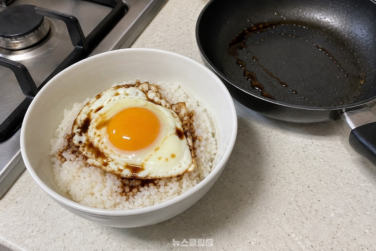 따뜻한 밥 위에 반숙 계란과 팬에서 졸인 간장을 올린 한 그릇이다. / 기사 이해를 돕기 위한 생성형 이미지