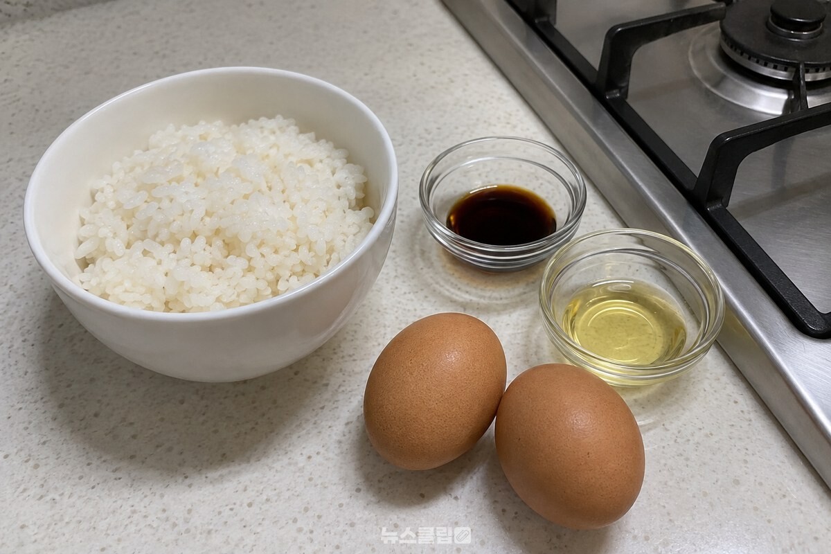 따뜻한 밥과 계란 두 개, 진간장, 식용유를 조리 직전에 준비한 모습이다. / 기사 이해를 돕기 위한 생성형 이미지