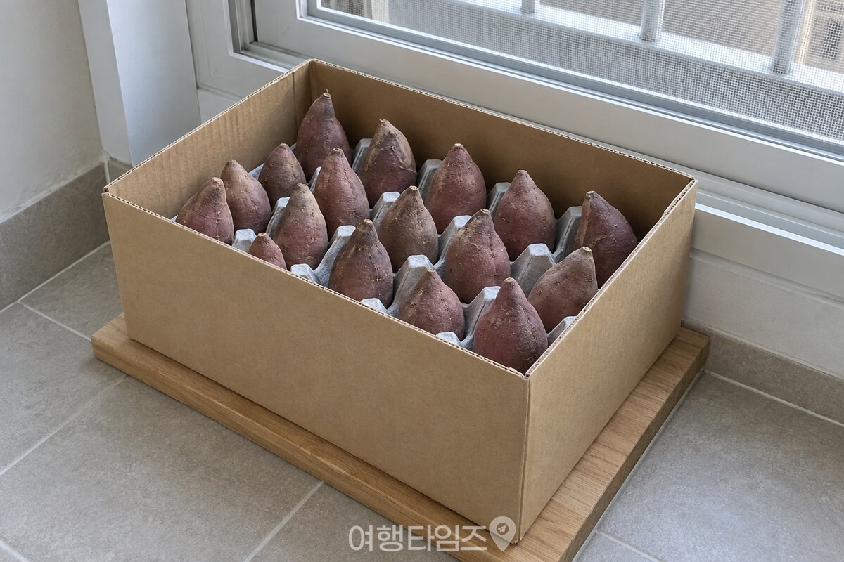상자와 나무판 위에 올린 계란판 한 층이 햇빛 없는 베란다 구석에 놓여 있다. / 기사 이해를 돕기 위한 생성형 이미지