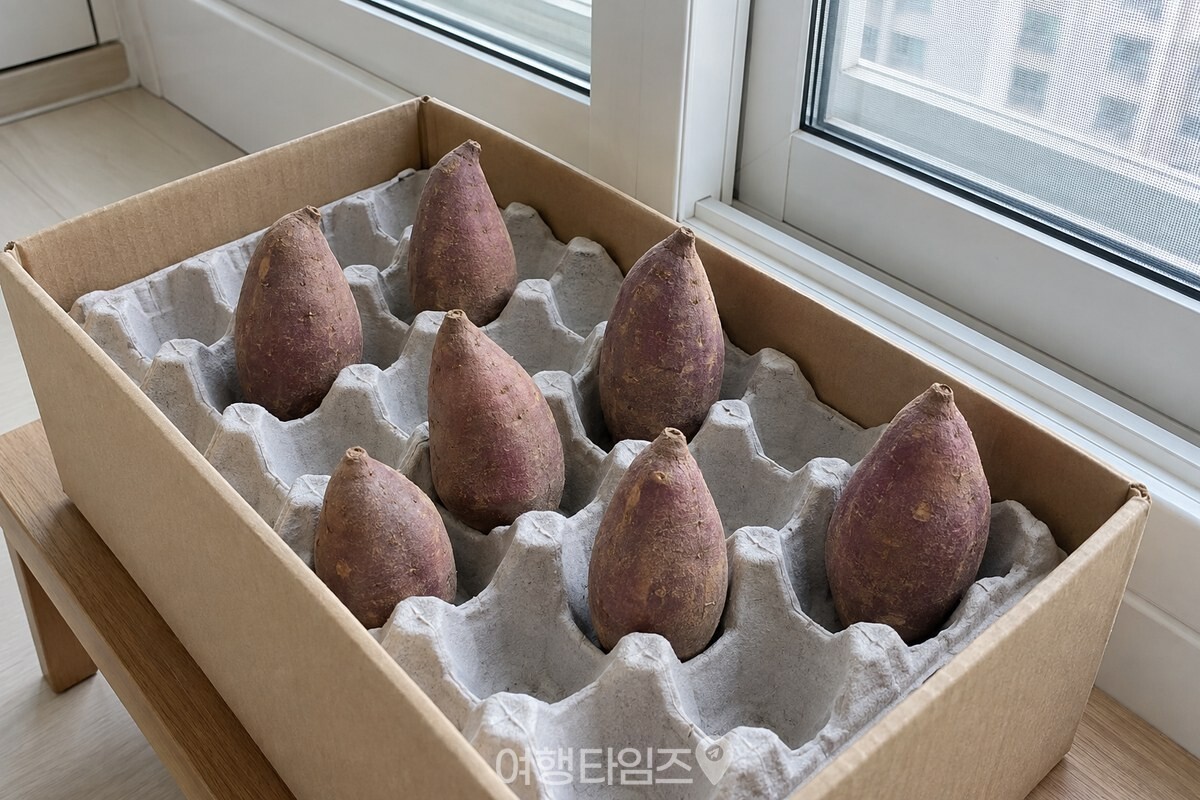깨끗한 계란판 칸마다 굵은 쪽을 아래로 한 고구마가 하나씩 세워져 있다. / 기사 이해를 돕기 위한 생성형 이미지