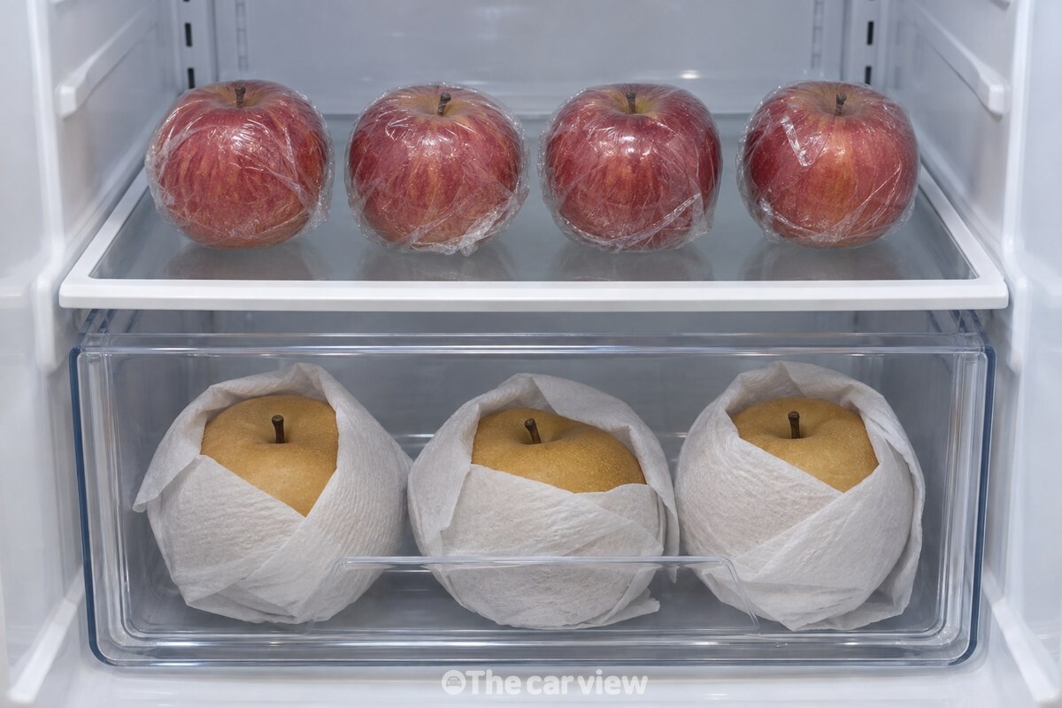 랩으로 싼 사과는 차가운 칸에, 키친타월로 싼 배는 야채칸에 따로 담았다. / 기사 이해를 돕기 위한 생성형 이미지
