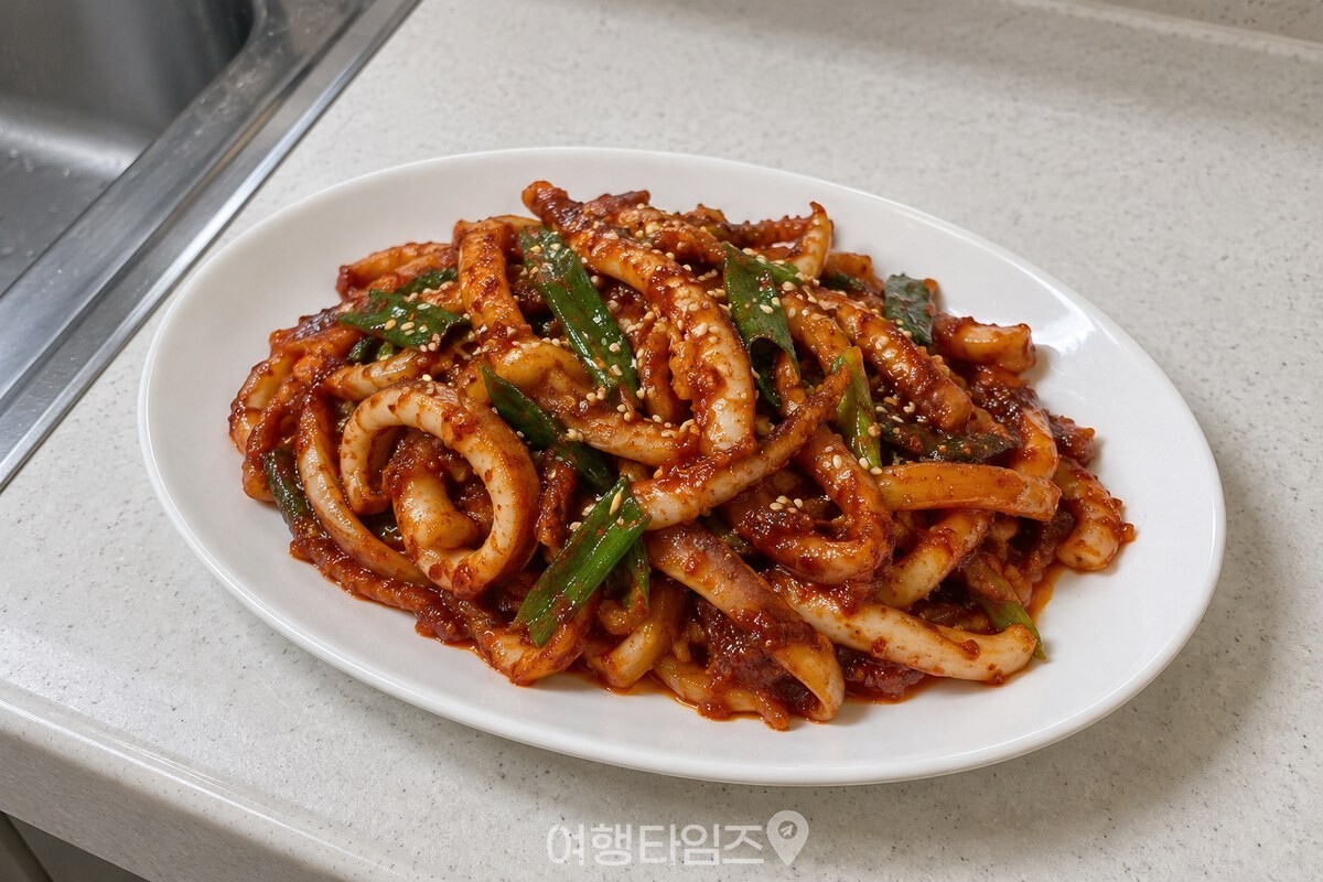 흰 타원 접시에 담은 붉은 오징어볶음에 대파와 통깨가 고르게 보인다. / 기사 이해를 돕기 위한 생성형 이미지