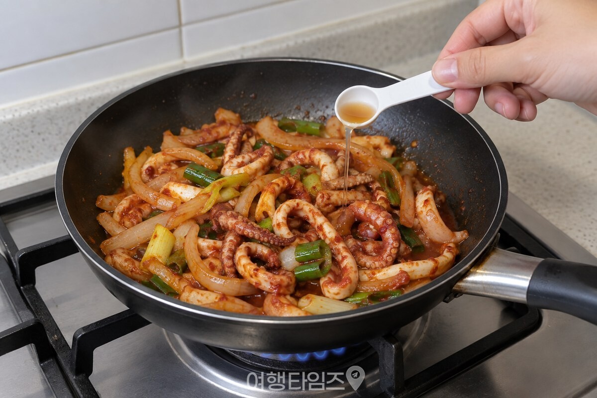 붉은 양념이 묻은 오징어 팬에 참치액젓 반 작은술을 더하는 모습이다. / 기사 이해를 돕기 위한 생성형 이미지