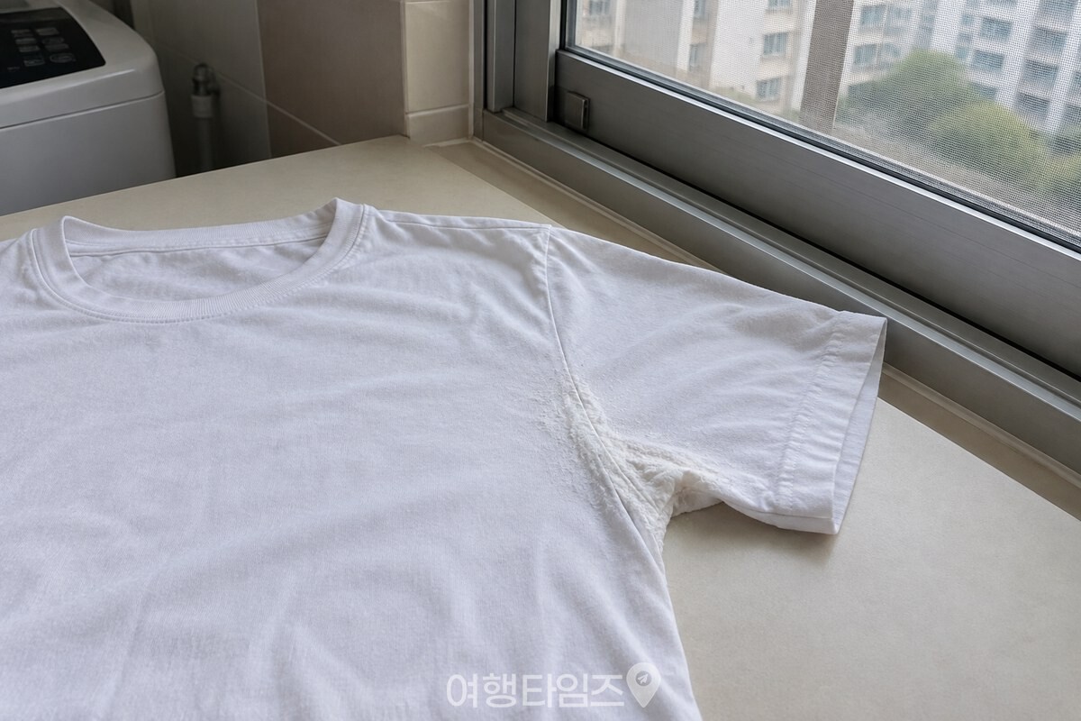 혼합물을 바른 흰 티셔츠를 직사광선 없는 실내에 평평하게 둔 모습. / 기사 이해를 돕기 위한 생성형 이미지