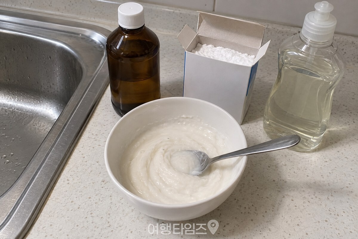 작은 흰 그릇에 과산화수소, 베이킹소다, 주방세제를 섞어 둔 모습. / 기사 이해를 돕기 위한 생성형 이미지