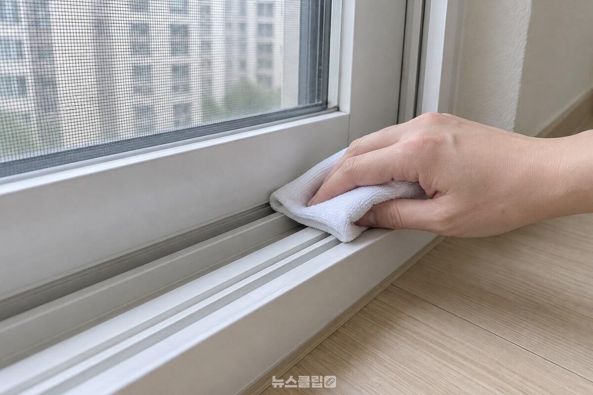 마른 흰 천으로 창틀 홈과 안쪽 샤시 면을 가볍게 마무리하는 모습. / 기사 이해를 돕기 위한 생성형 이미지