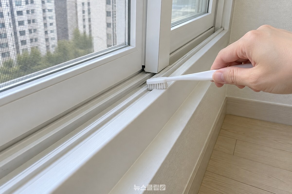 마른 칫솔을 한 방향으로 움직여 창틀 홈을 정리하는 모습. / 기사 이해를 돕기 위한 생성형 이미지