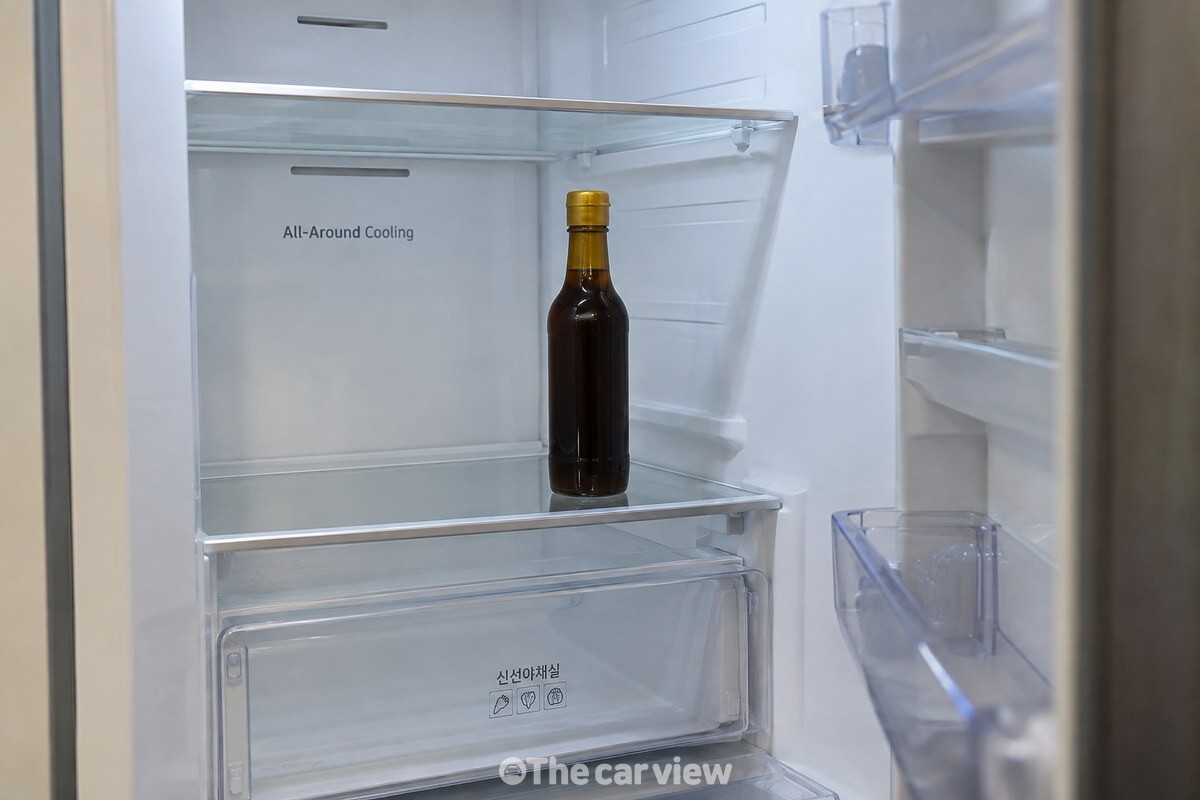 짙은 색 유리병의 들기름을 냉장고 안쪽 선반에 세워 두는 모습. / 기사 이해를 돕기 위한 생성형 이미지