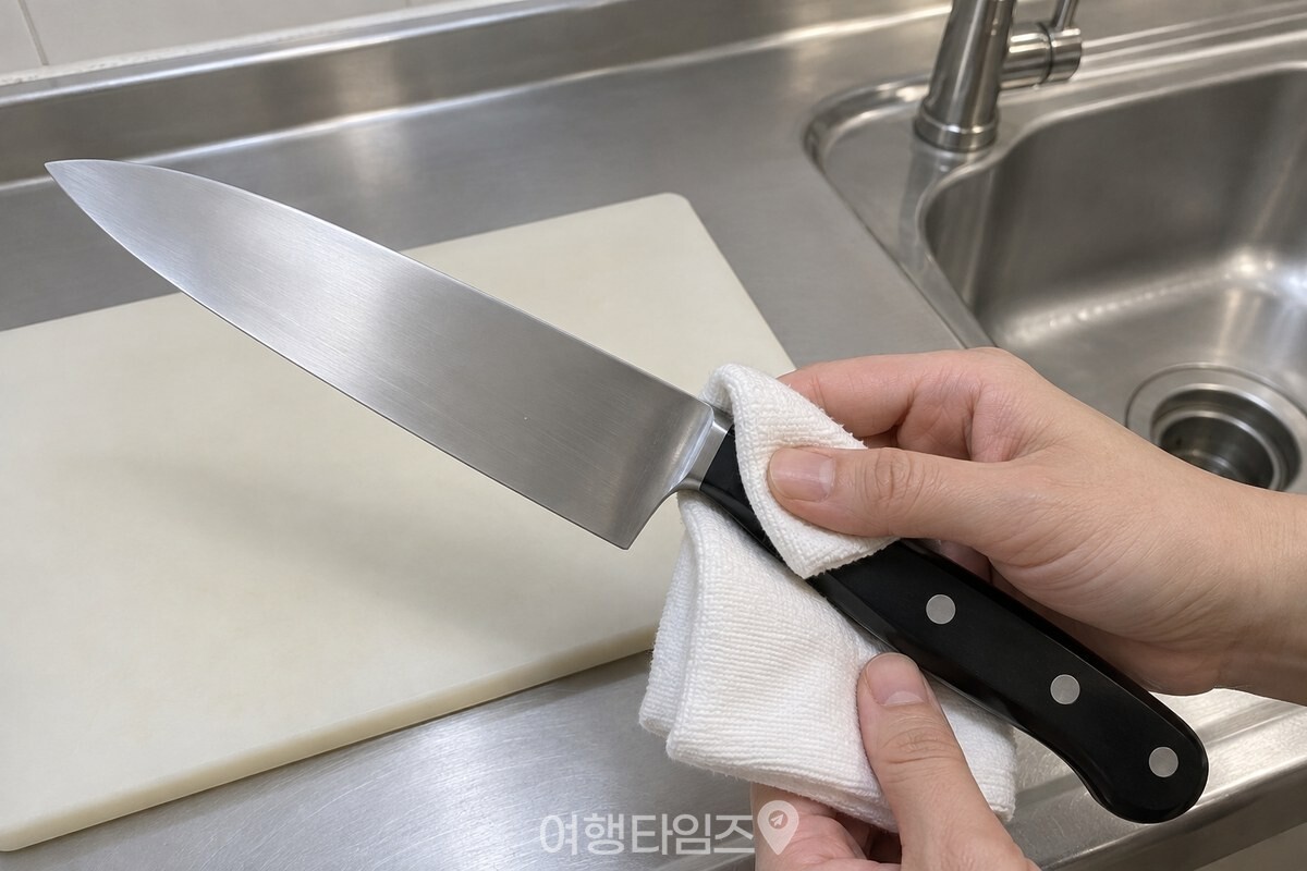 마른 면 행주로 칼날과 손잡이 연결부를 닦는 모습. / 기사 이해를 돕기 위한 생성형 이미지