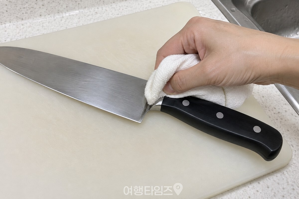 접은 마른 면 행주 끝을 칼날과 손잡이 사이의 좁은 틈에 대고 누른 모습. / 기사 이해를 돕기 위한 생성형 이미지