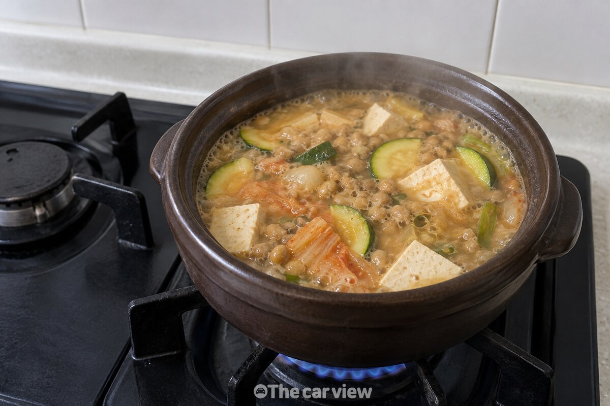 뚝배기에 담긴 청국장찌개에서 두부와 애호박, 김치가 국물과 함께 보이는 모습 / 기사 이해를 돕기 위한 생성형 이미지