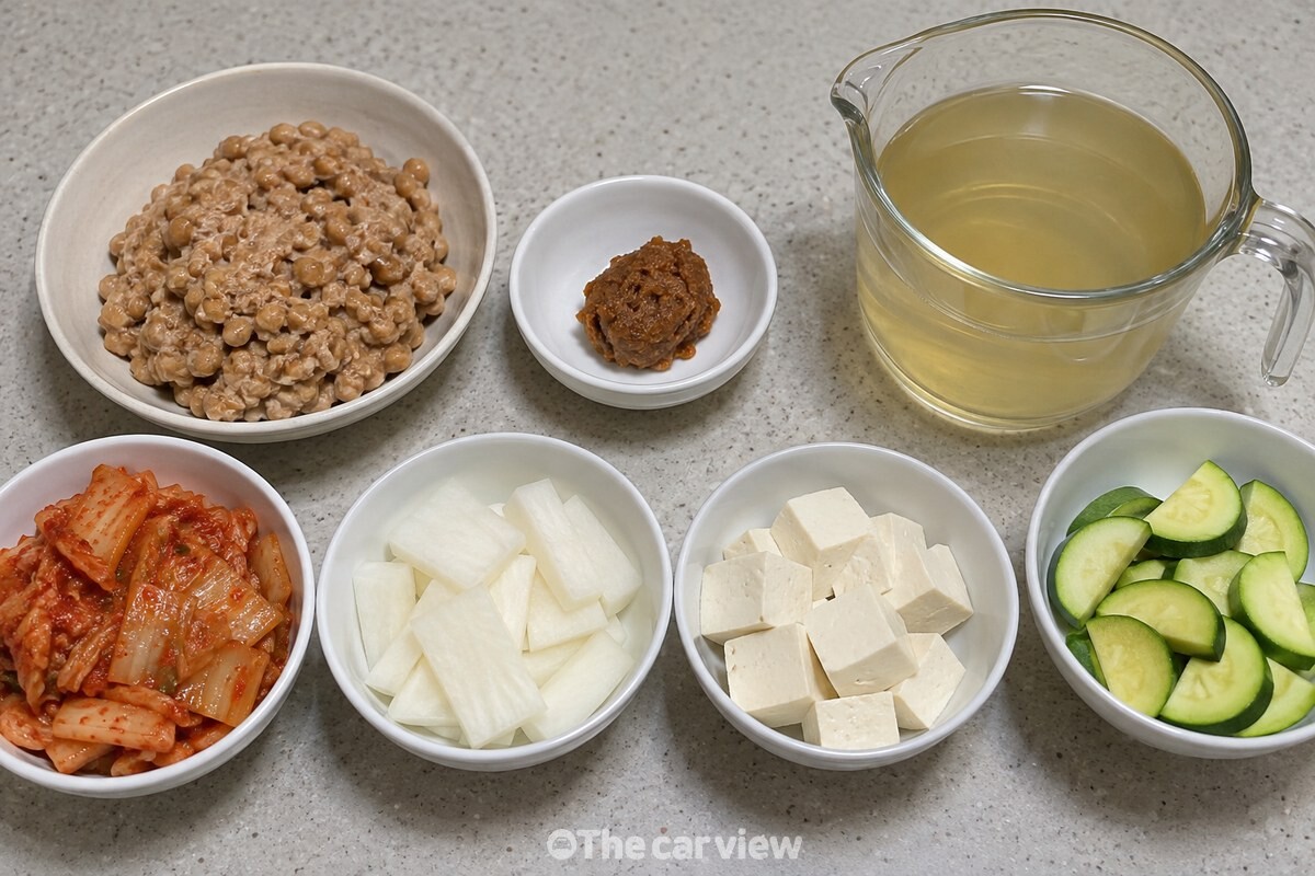 청국장찌개에 쓰는 청국장과 된장, 손질한 재료를 조리대 위에 준비한 모습 / 기사 이해를 돕기 위한 생성형 이미지