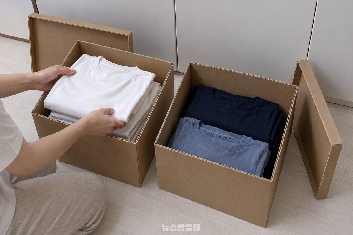 불투명 골판지 상자에 접은 여름옷을 나누어 담는 옷장 앞 장면. / 기사 이해를 돕기 위한 생성형 이미지
