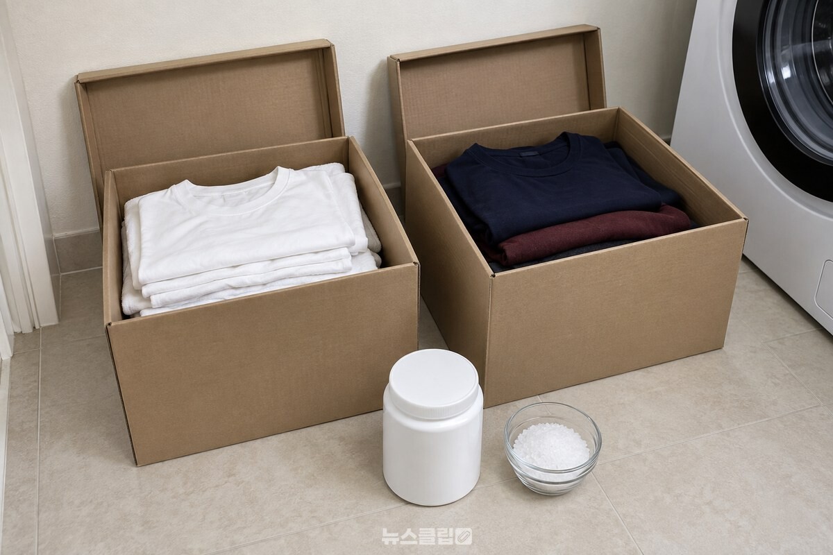 흰 면 옷과 색상 옷을 나눠 담을 뚜껑 있는 골판지 상자와 세탁 재료. / 기사 이해를 돕기 위한 생성형 이미지