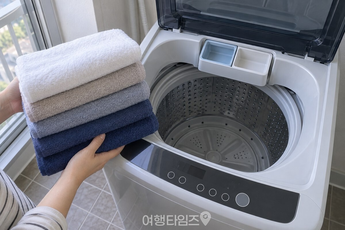 세제통과 섬유유연제 칸을 비운 통돌이 세탁기의 조작부와 새 수건을 확인하는 모습. / 기사 이해를 돕기 위한 생성형 이미지