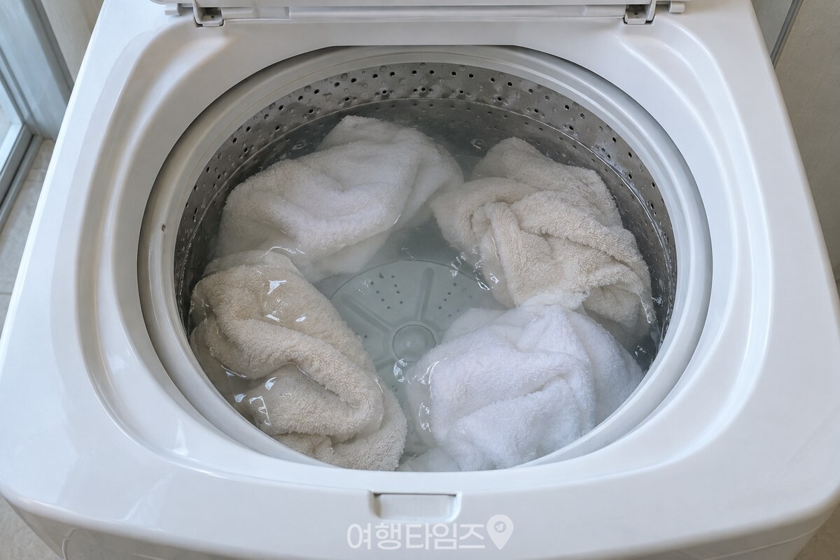 물로 헹구는 통돌이 세탁기 안에서 새 수건이 물에 잠겨 돌아가는 모습. / 기사 이해를 돕기 위한 생성형 이미지