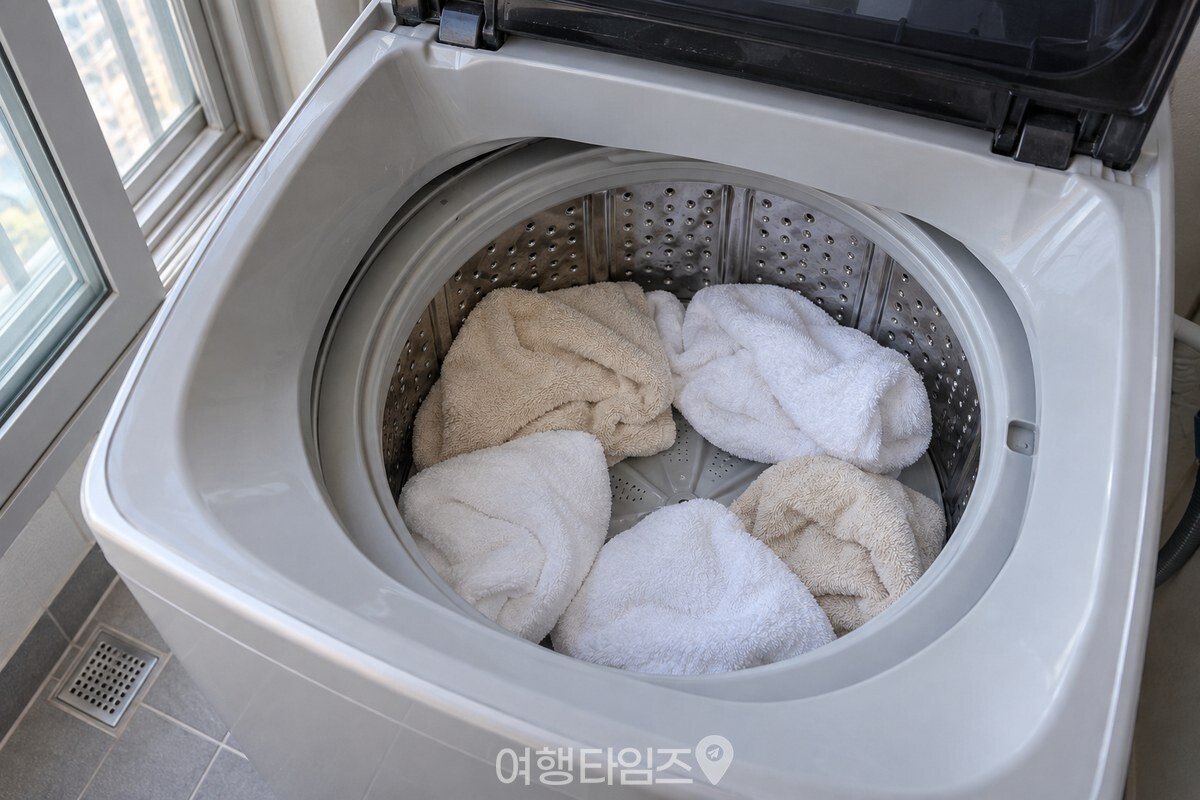 세제와 유연제 없이 물로만 세탁할 새 수건 다섯 장을 통돌이 세탁기에 넣은 모습. / 기사 이해를 돕기 위한 생성형 이미지
