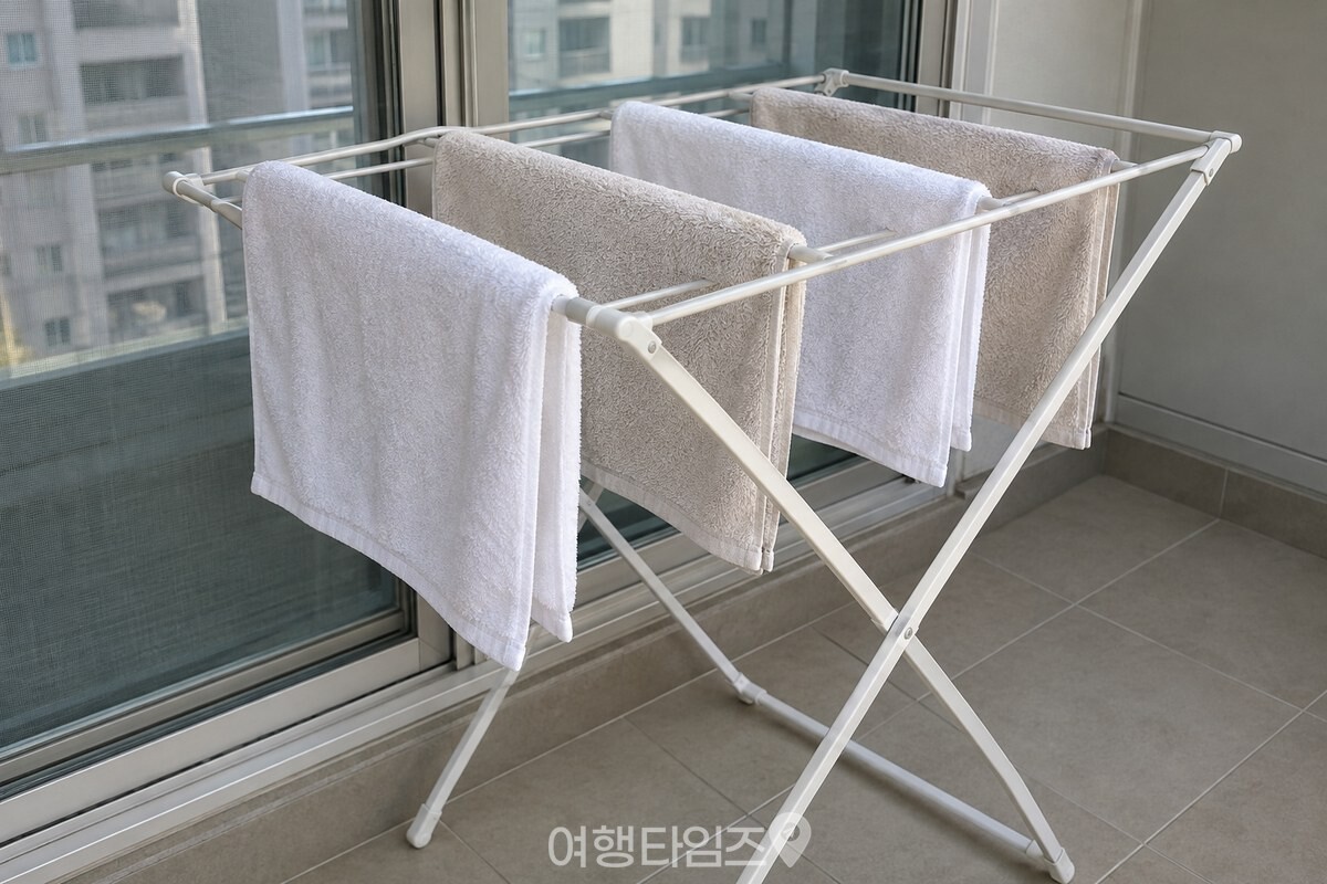 그늘진 베란다의 접이식 건조대에 새 수건을 펼쳐 말리는 모습. / 기사 이해를 돕기 위한 생성형 이미지