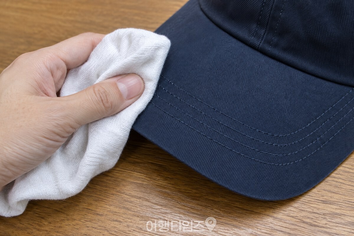 천으로 감싼 야구모자 챙의 윗면과 가장자리 박음질을 가까이에서 보여 준 모습. / 기사 이해를 돕기 위한 생성형 이미지