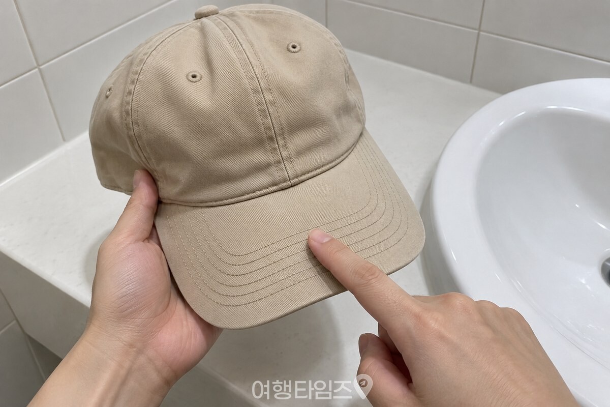 물에 젖지 않은 모자의 챙 가운데를 손가락 끝으로 확인하는 가까운 장면. / 기사 이해를 돕기 위한 생성형 이미지