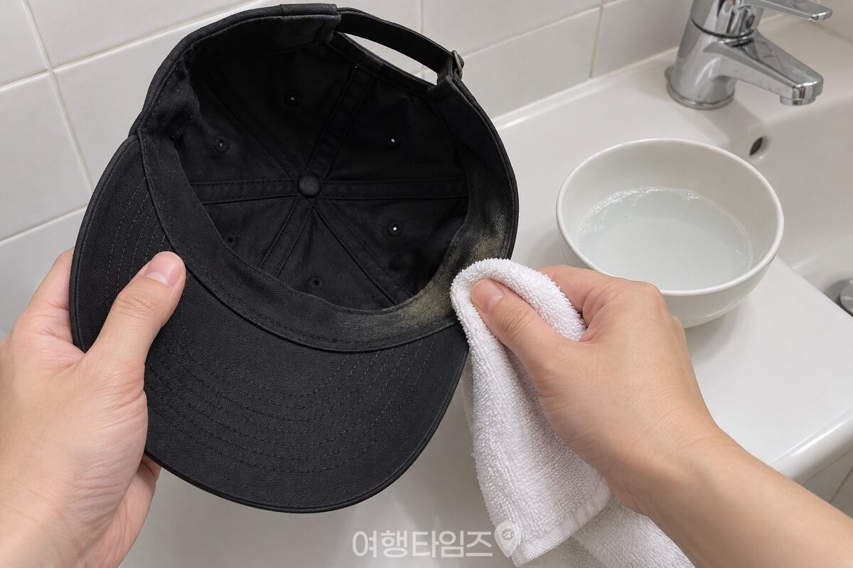 미지근한 세제물에 적셨다가 꼭 짠 수건으로 모자 안쪽 테두리를 닦는 모습. / 기사 이해를 돕기 위한 생성형 이미지