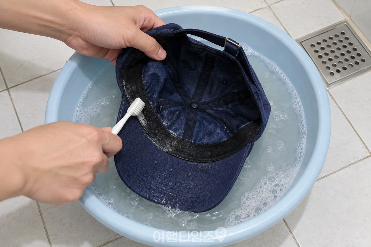 세제 푼 미지근한 물에 담근 모자의 안쪽 테두리를 부드러운 칫솔로 한 방향으로 닦는 모습. / 기사 이해를 돕기 위한 생성형 이미지