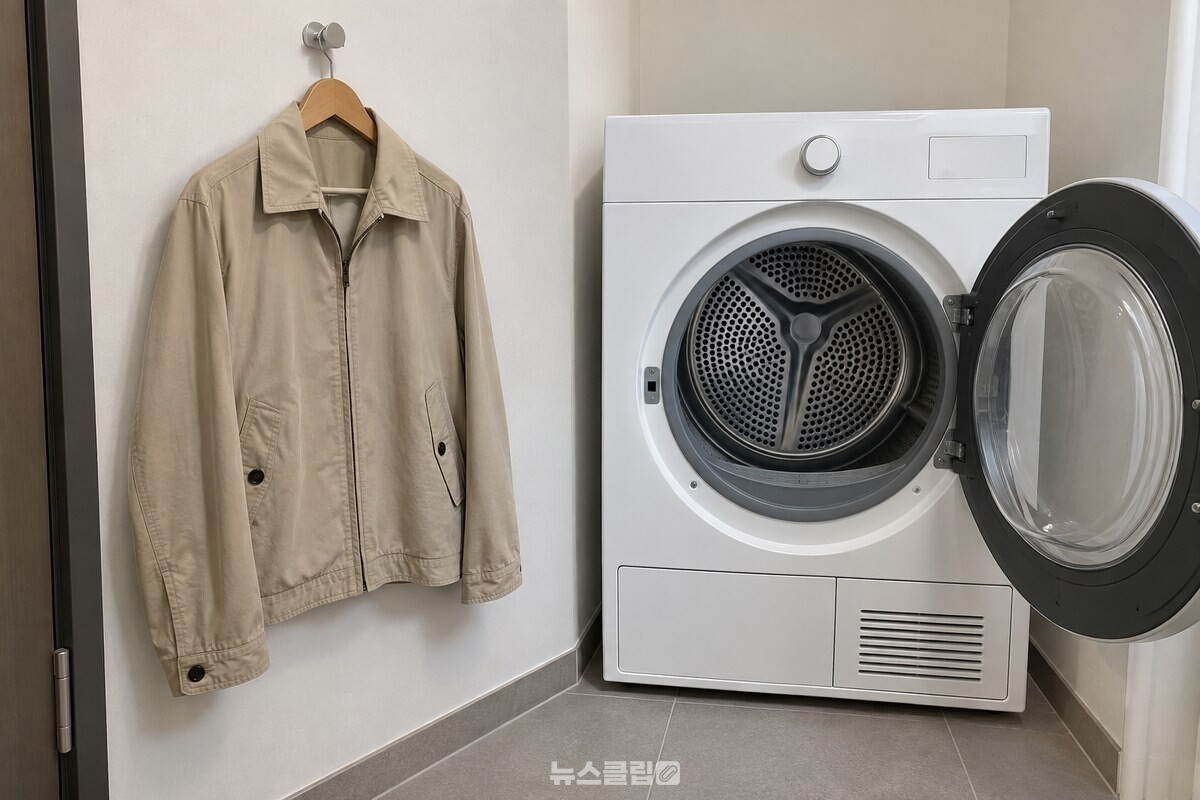 현관 옷걸이에 걸린 베이지색 겉옷과 건조기 문이 함께 보이는 장면 / 기사 이해를 돕기 위한 생성형 이미지