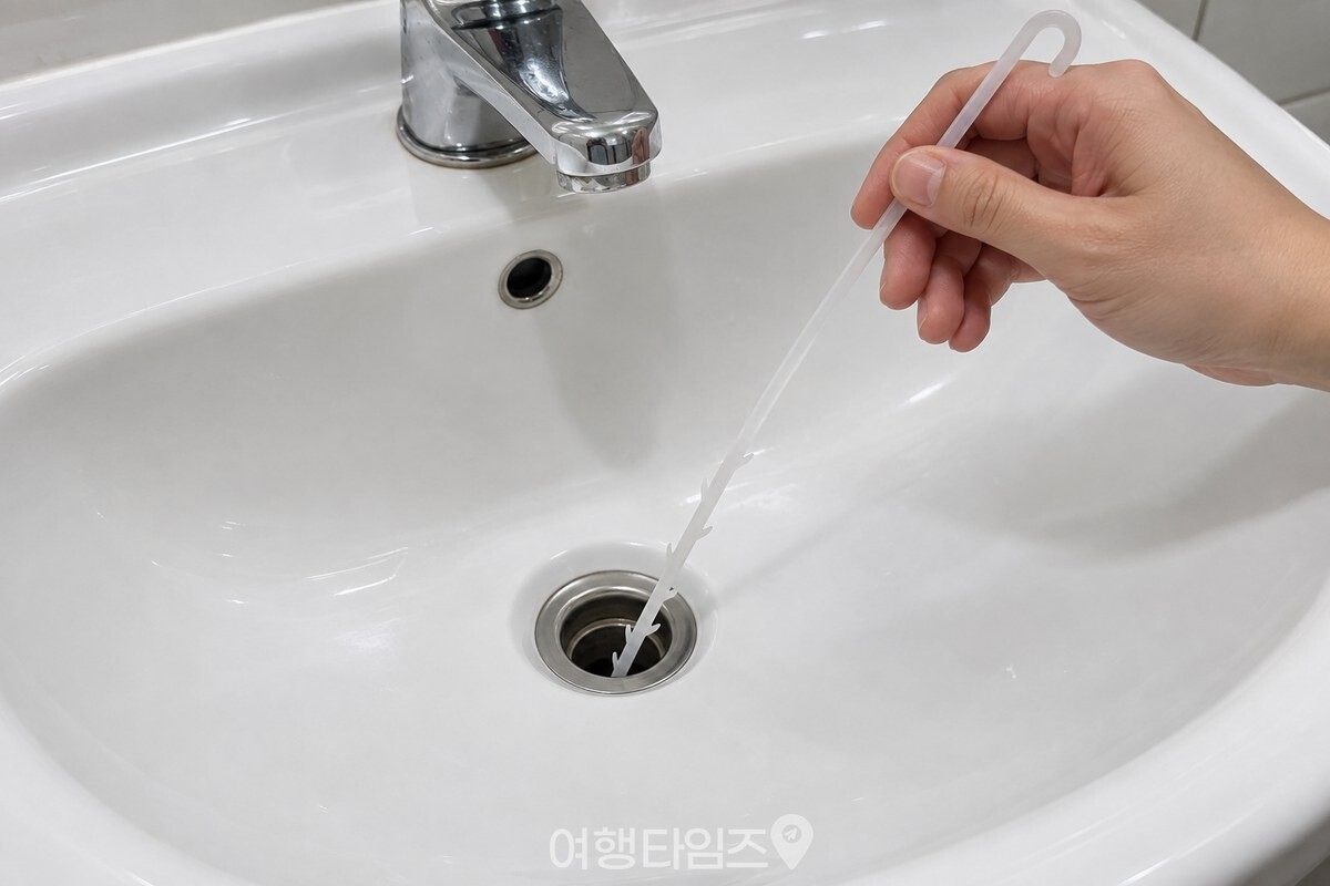 갈고리 칼집을 낸 빨대를 세면대 배수구에 천천히 넣는 모습 / 기사 이해를 돕기 위한 생성형 이미지