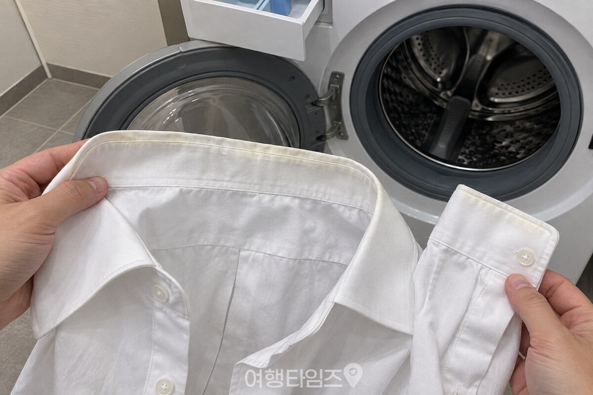 세탁 전 흰 셔츠의 목깃 안쪽과 소매 안쪽을 함께 펼쳐 놓은 모습이다. / 기사 이해를 돕기 위한 생성형 이미지