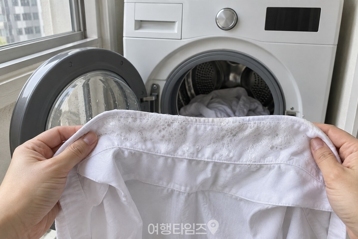 거품을 바른 셔츠 목깃을 세탁기 앞에서 조심스럽게 들고 있다. / 기사 이해를 돕기 위한 생성형 이미지