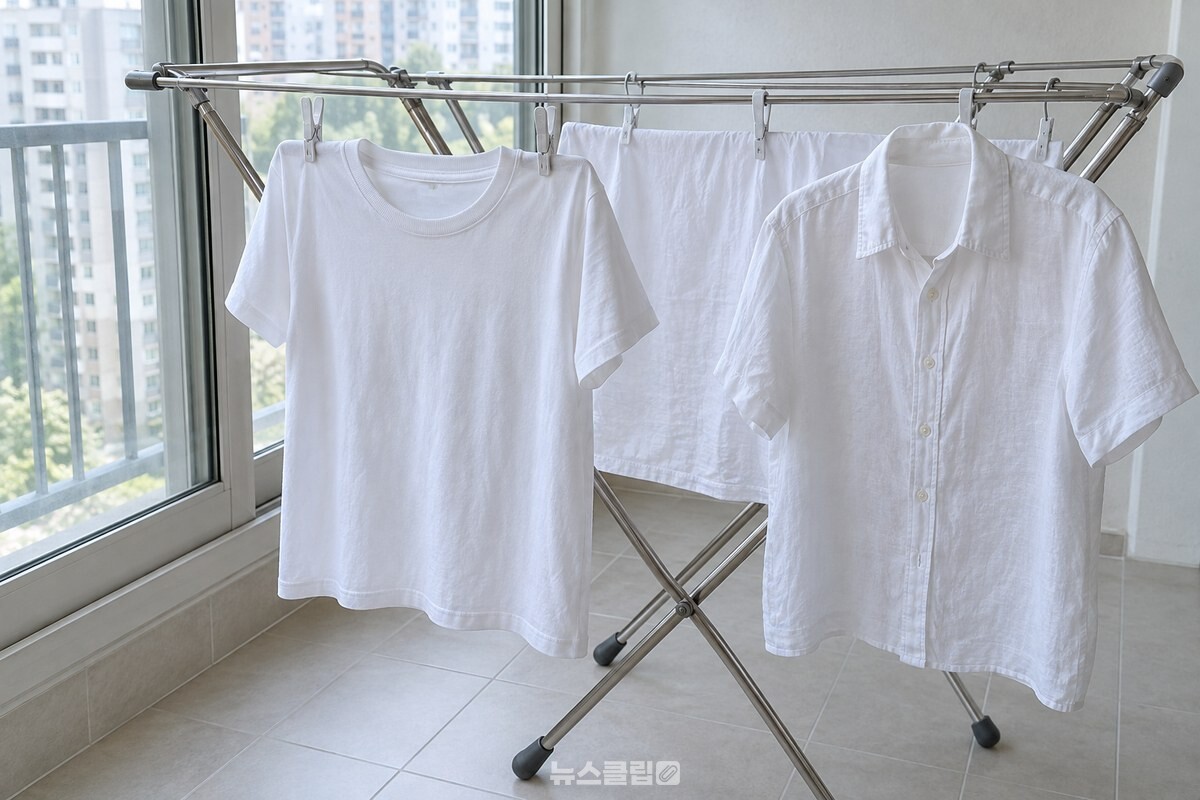 베란다 빨래건조대에 하얀 반팔 티셔츠와 린넨 셔츠가 간격을 두고 널려 있다. / 기사 이해를 돕기 위한 생성형 이미지