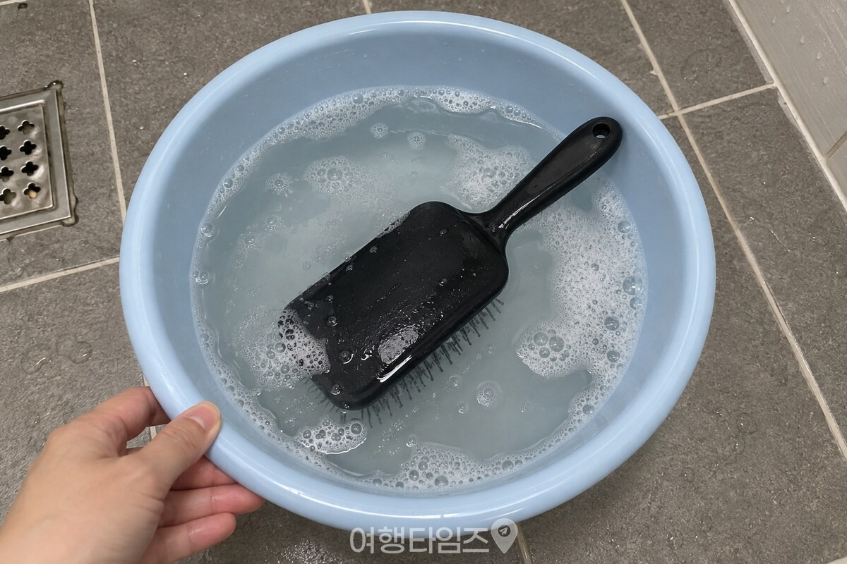 따뜻한 물과 샴푸 거품을 담은 대야에 플라스틱 빗을 빗살이 아래로 향하게 넣은 모습이다. / 기사 이해를 돕기 위한 생성형 이미지