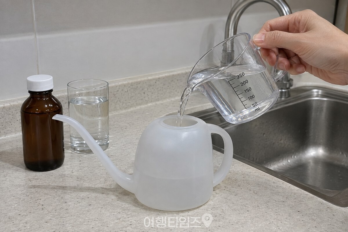 투명 계량컵에서 3% 과산화수소와 물을 섞어 물뿌리개에 옮기는 모습. / 기사 이해를 돕기 위한 생성형 이미지