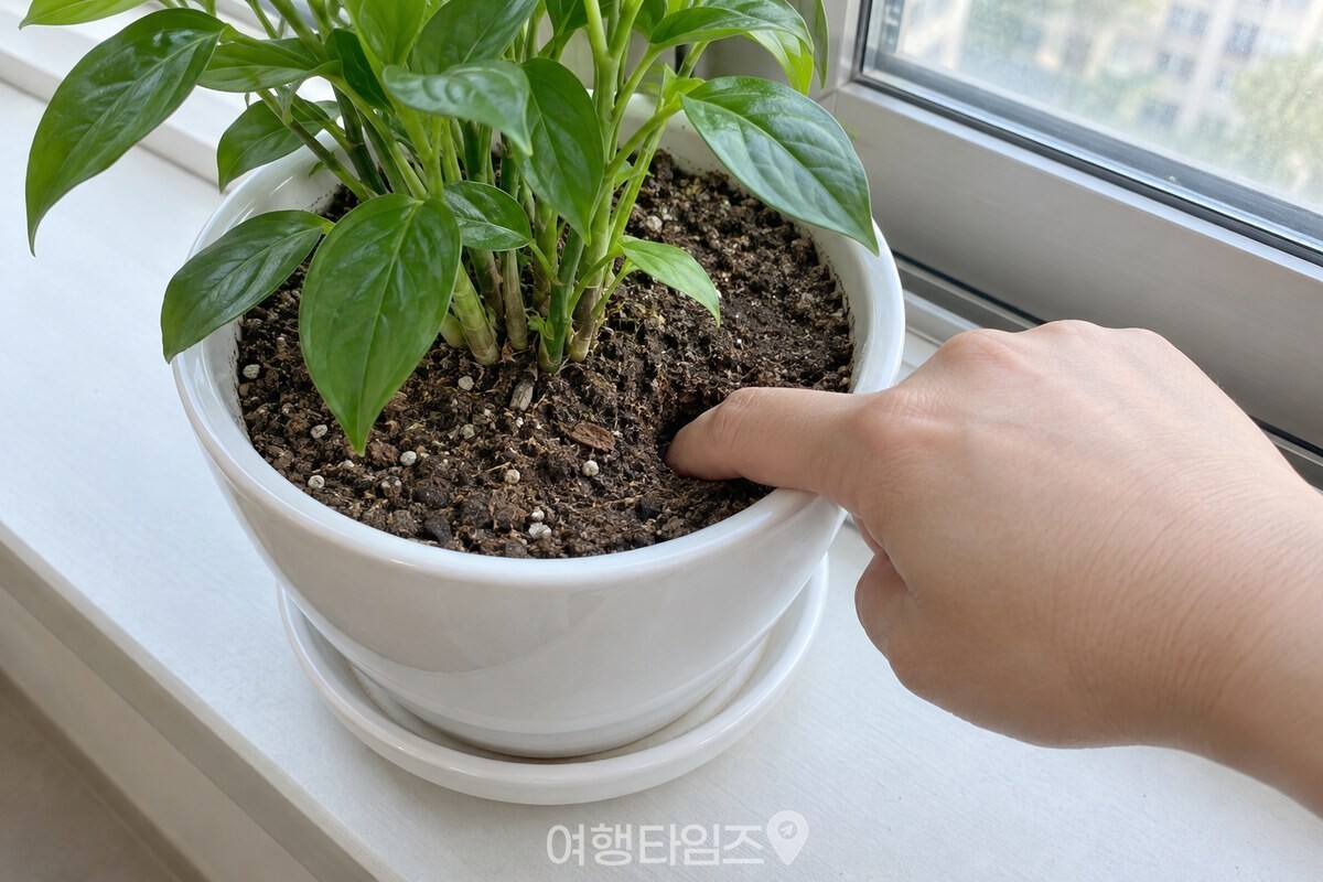 거실 창가의 흰 화분에서 손가락으로 마른 겉흙 깊이를 확인하는 모습. / 기사 이해를 돕기 위한 생성형 이미지