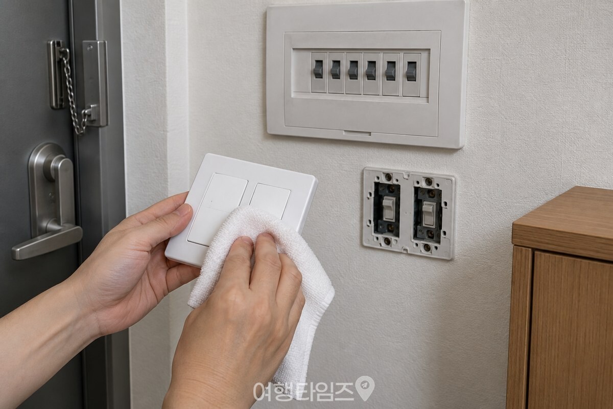 차단기를 내린 뒤 벽에서 분리한 흰색 스위치 커버를 마른 천으로 닦는 모습이다. / 기사 이해를 돕기 위한 생성형 이미지
