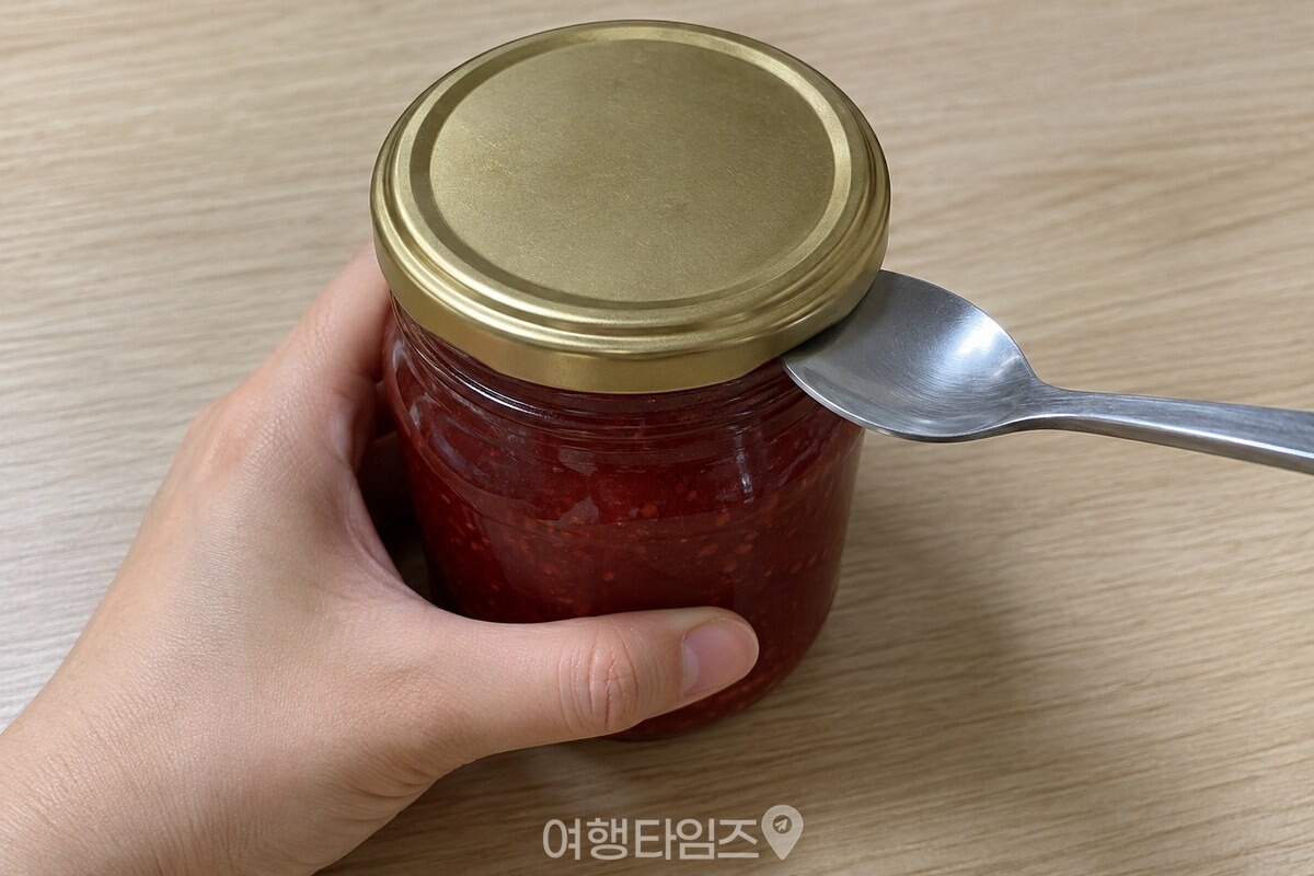 식탁 위 유리 잼병의 금속 뚜껑 테두리에 숟가락 끝을 댄 모습. / 기사 이해를 돕기 위한 생성형 이미지